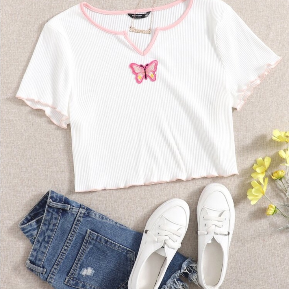White and Pink Butterfly Top